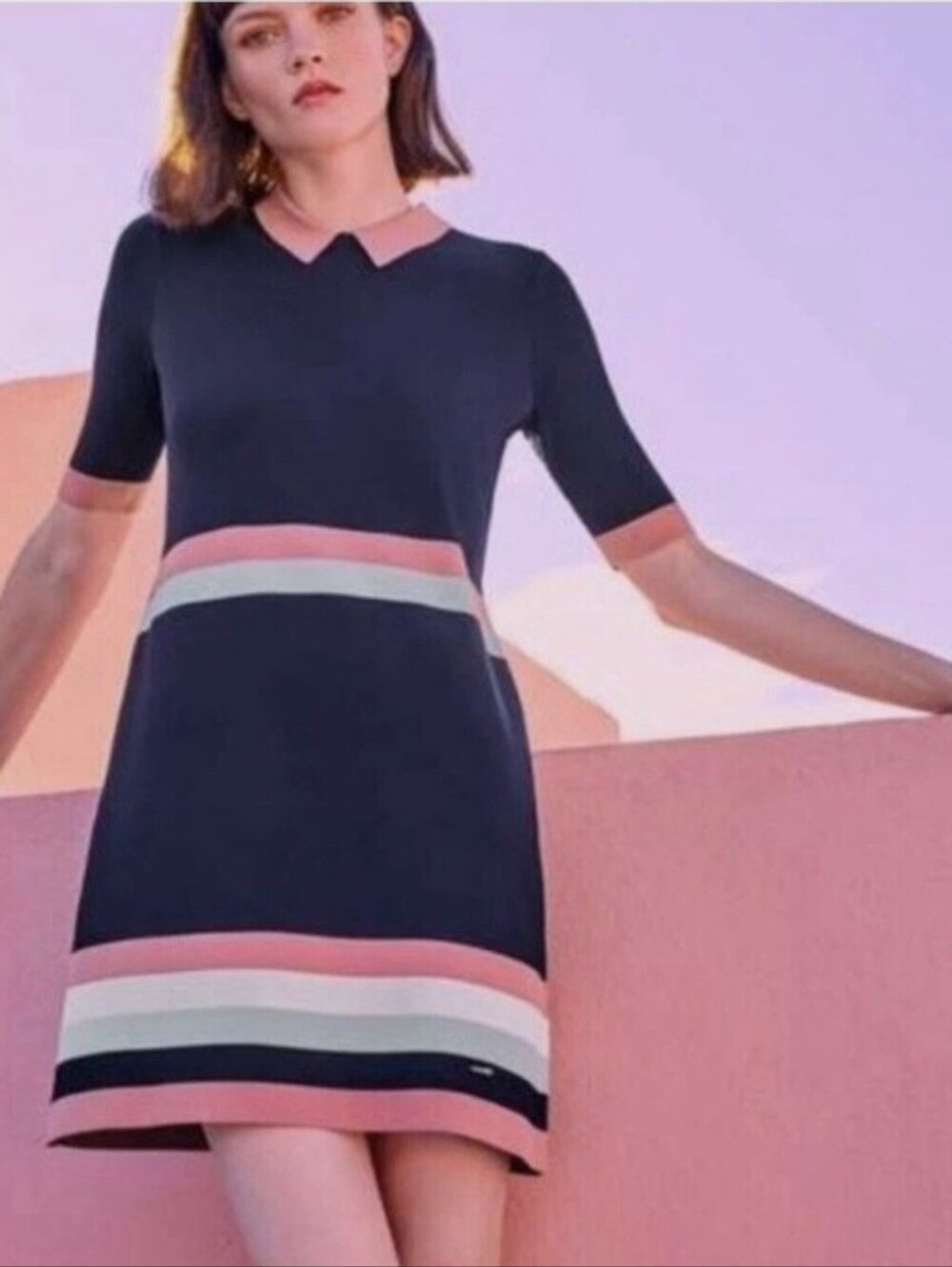 L 2 Ted Baker Origami Stripe Knit Dress Pink Baby Blue Collar Knit